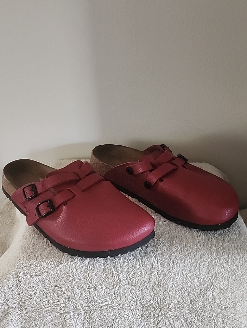 Birkenstock Red Leather Boston Clogs with Double Buckles